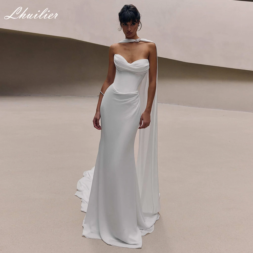 Lhuilier Customized Strapless Mermaid Chiffon Wedding Dresses Pleated Bridal Gowns with Removable Sashes