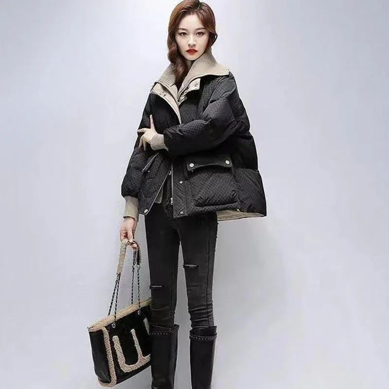 

2024 New White Duck Down Jacket for Women's Lapel Korean Warm and Loose Knit Patchwork Versatile F302