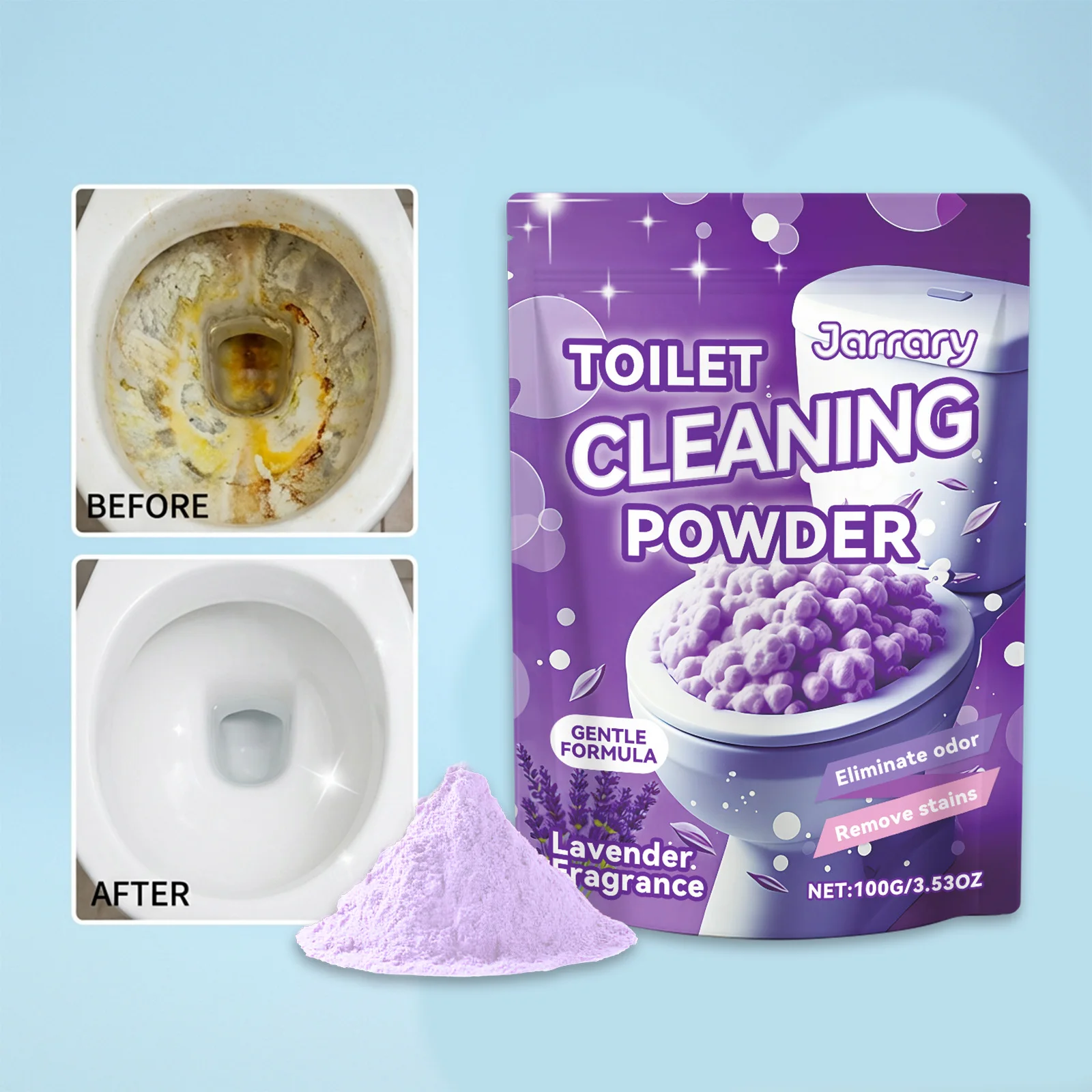 

Фиолетовый порошок для чистки унитазов: быстродействующее средство от пятен, накипи и запаха, с освежающим ароматом, простое в использовании, безопасная формула для глубокой очистки.