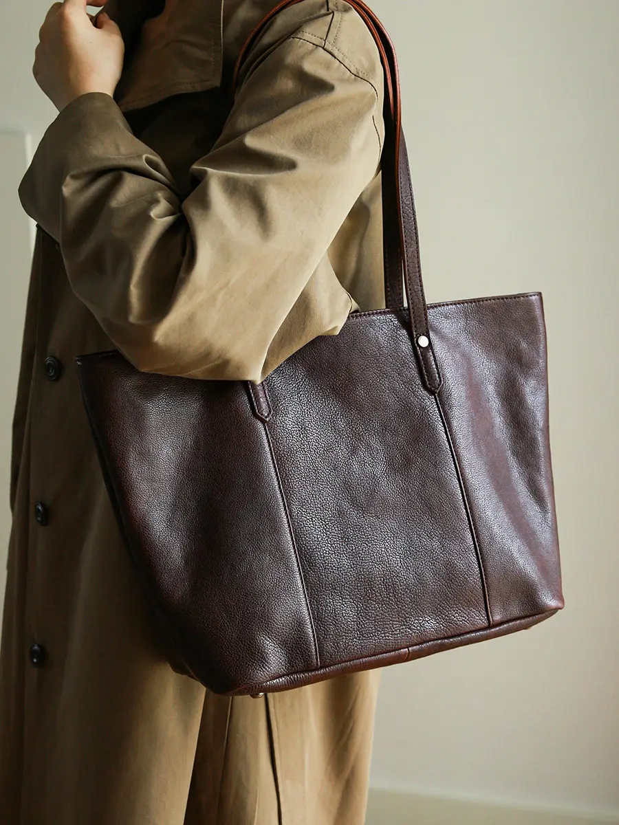 leisure fashion genuine leather large capacity women's tote bag simple vintage handmade real cow leather shopping shoulder bag