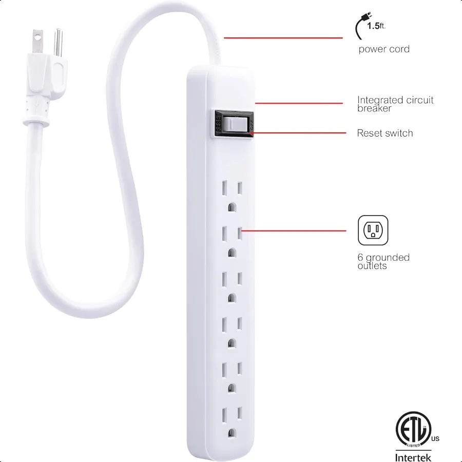 GE 6Outlet قطاع الطاقة 2 حزمة 1.5 قدم تمديد الحبل الثقيلة التوصيل مؤرض قطاع دارة متكاملة 3 الشق جدار جبل ETL L #2