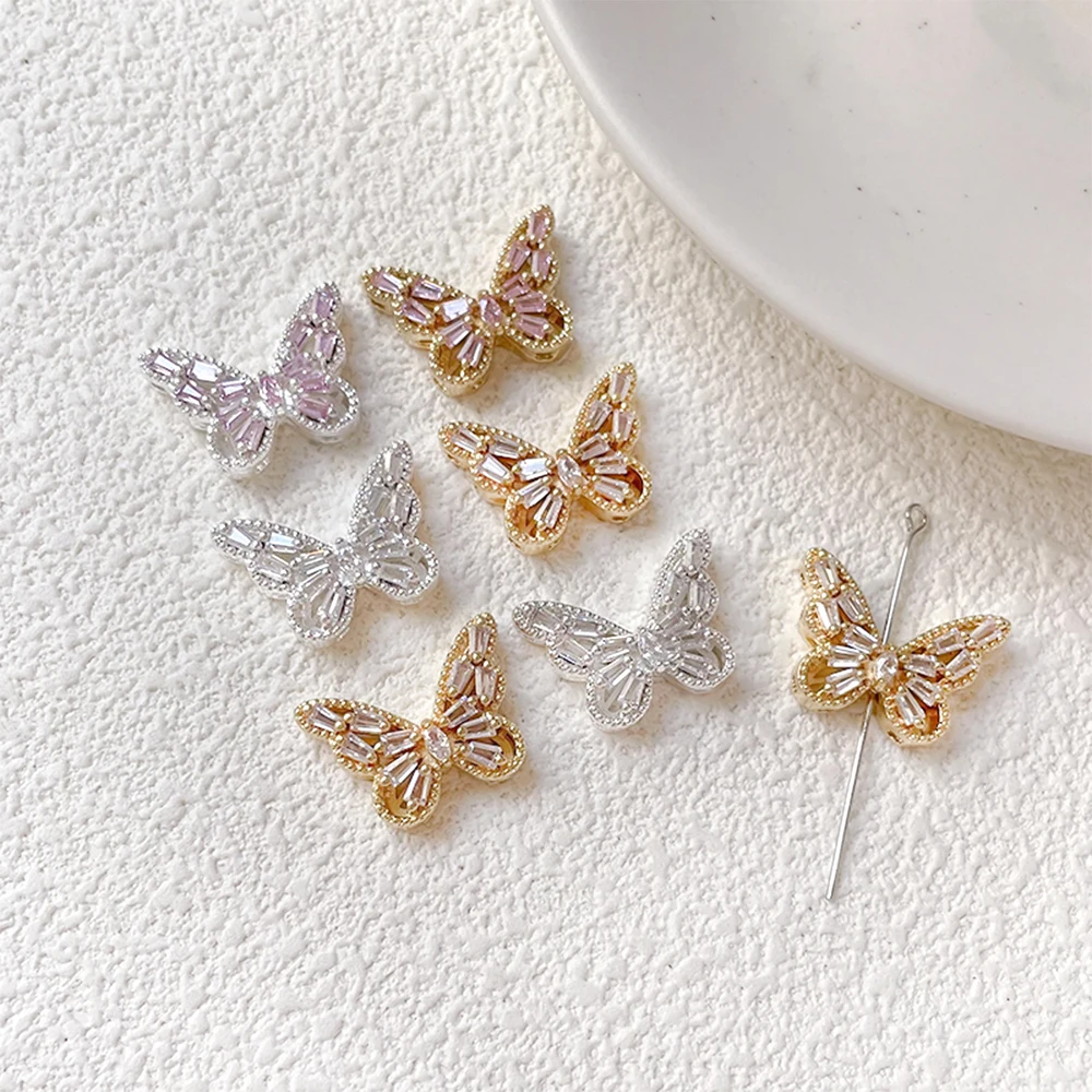 

2 Pieces Copper Plated Genuine Gold Inlaid with Diamond Through Holes Butterfly Zircon Spacer Bead DIY Jewelry Making Accessory
