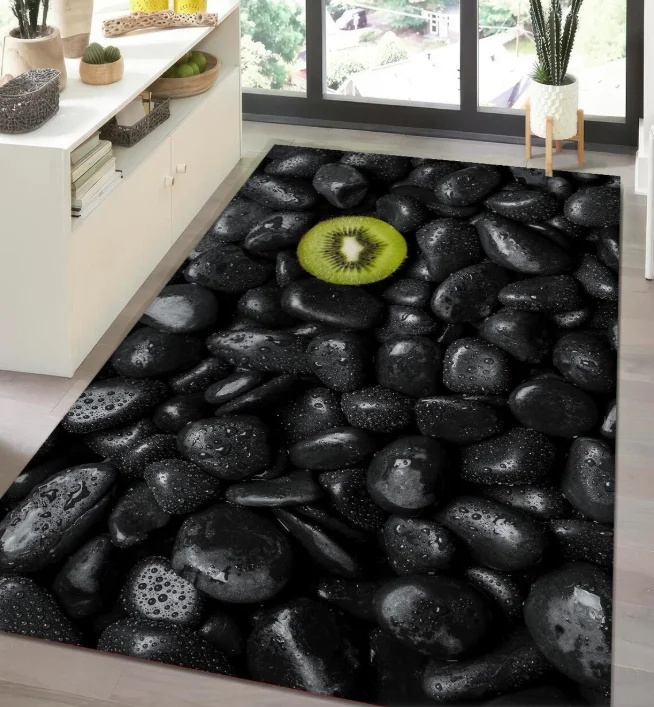 Black Stone Kiwi Rug Zen Spa Floor Mat with Unique Fruit Accent Modern Bathroom Entryway Carpet Minimalist Nature Inspired Decor