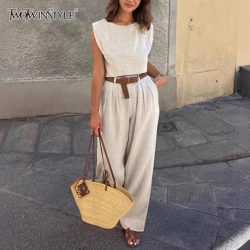 

TWOTWINSTYLE Two Piece Set for Women O Neck Sleeveless Top High Waist Spliced Pant Sets Female Fashion Style