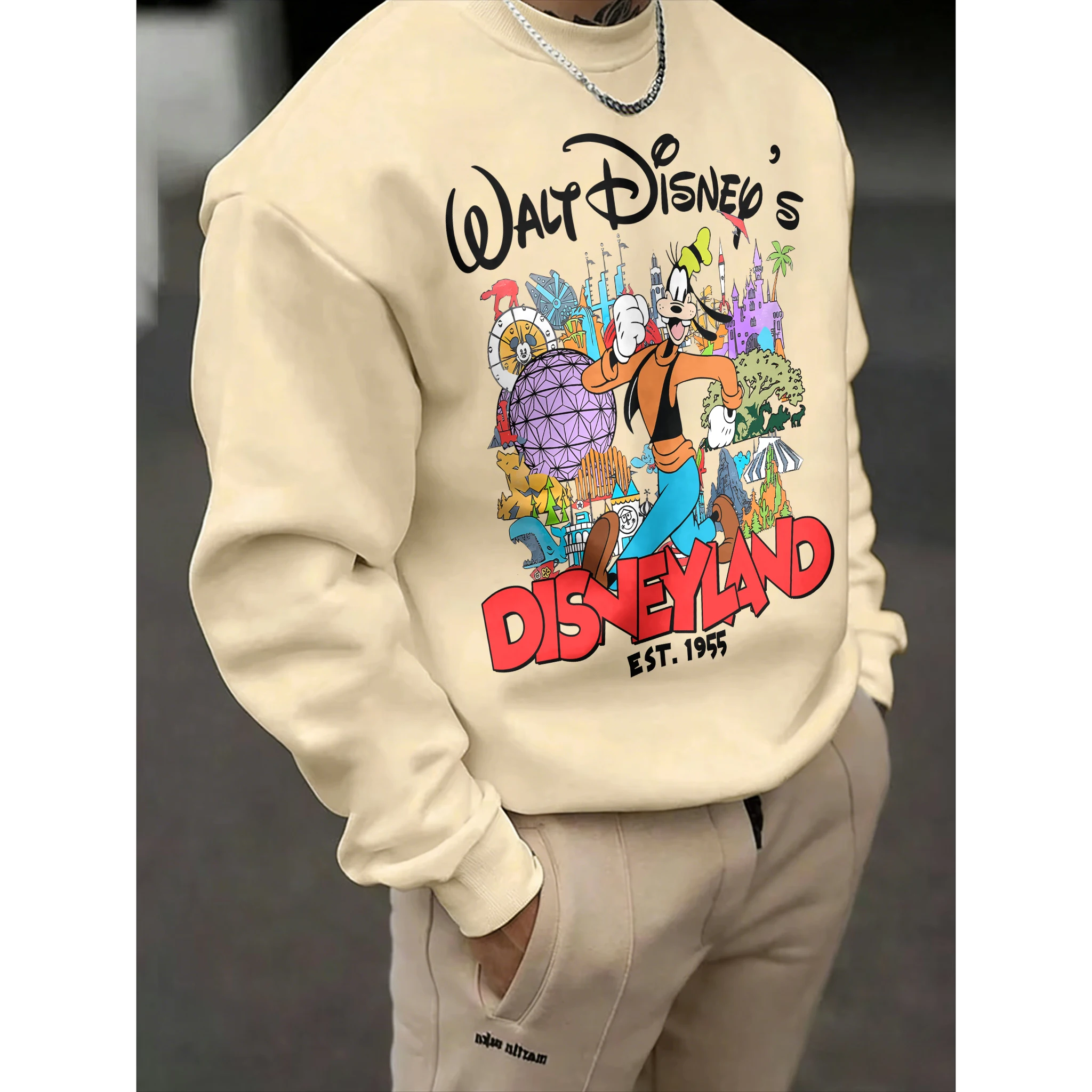 

Мужской свитер с круглым вырезом и принтом Дисней Гуфи, осенне-зимняя коллекция 2026, модный, с начесом, из хлопка, теплый, свободный, повседневный, как куртка