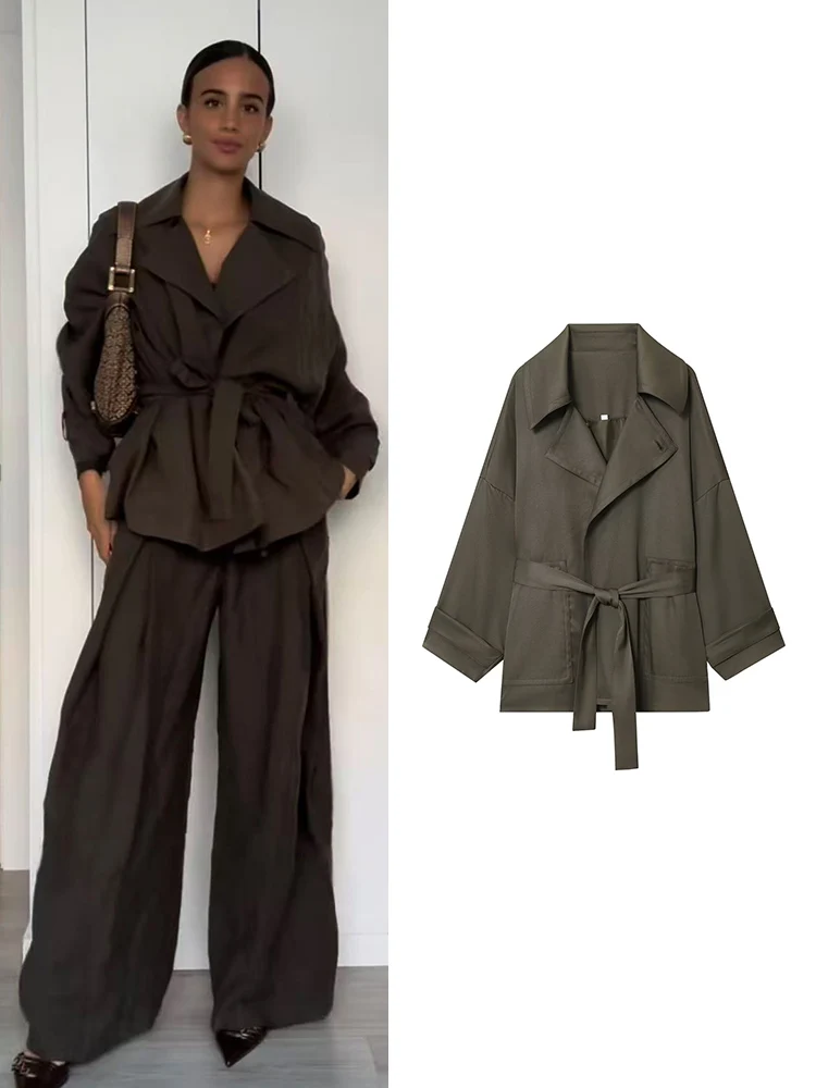 

TFMLN Autumn New Women's Lapel Trench Chic Single-breasted Solid Color Belt Casual Loose Jacket Fashion Ladies Street Outwear