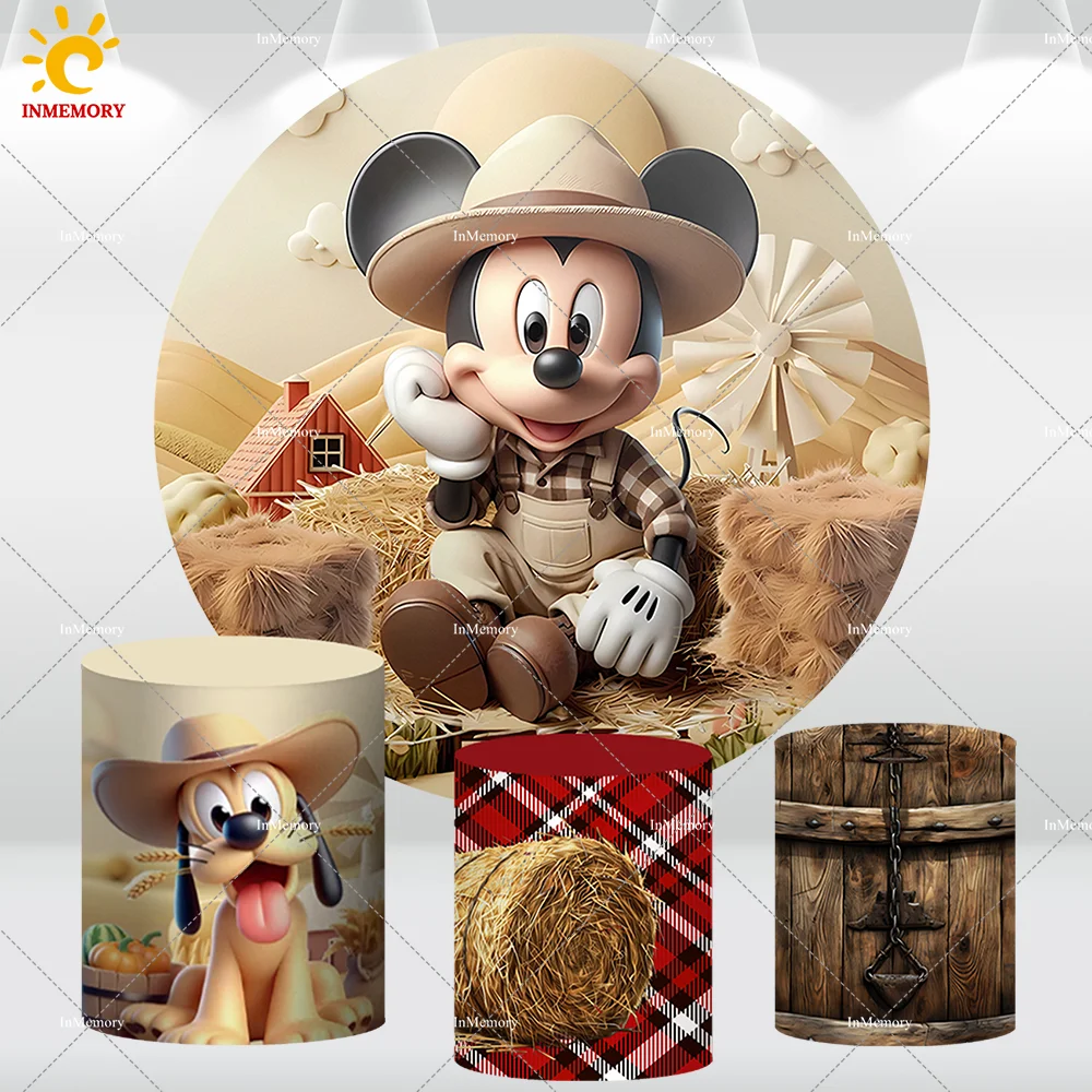 Cartoon 3D Mickey Farm Round Backdrop Cover for Boy Birthday Party Decoration Western Cowboy Baby Shower Circle Background