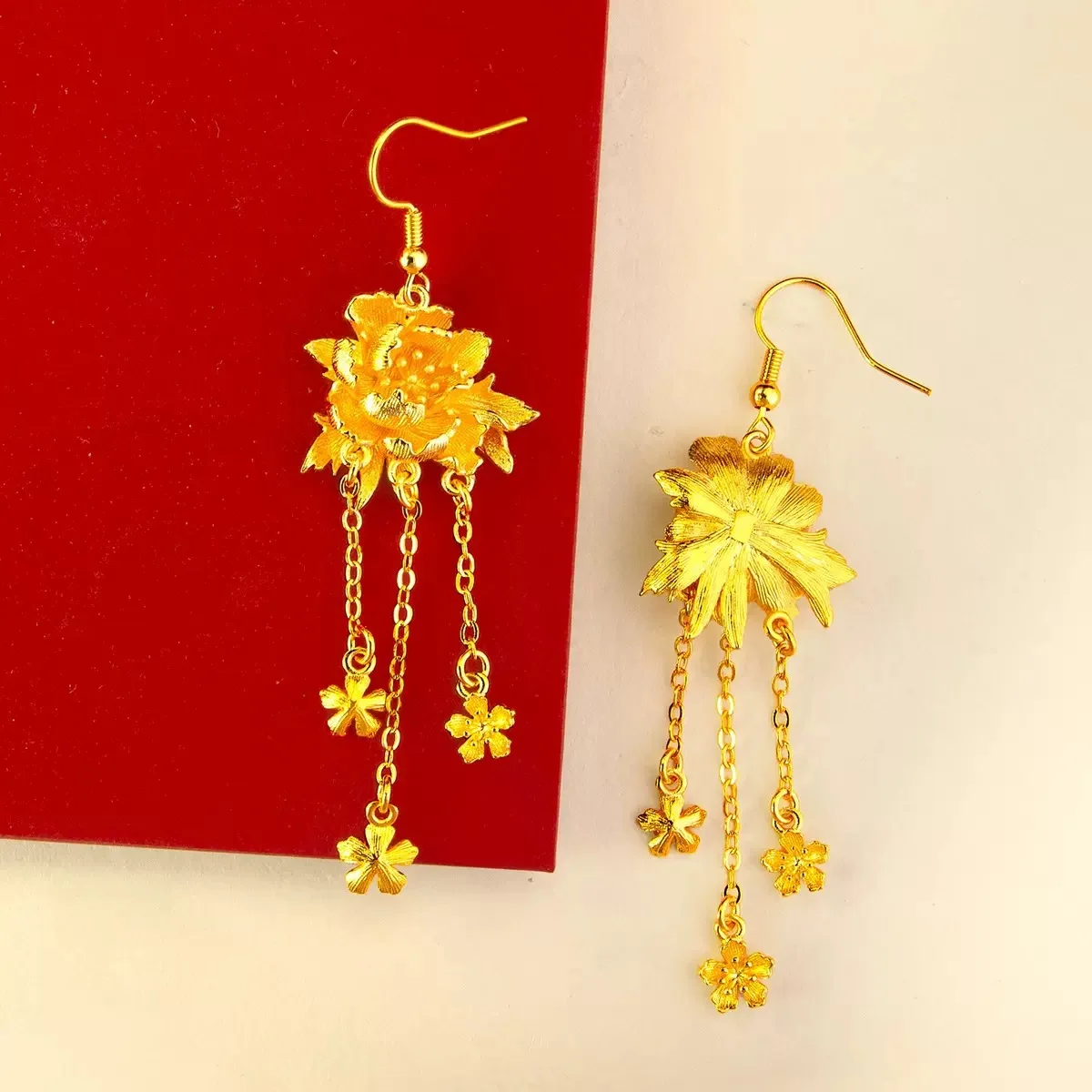 

Изысканные серьги-кисточки из чистого золота с пионами в стиле ретро для женщин, 24-каратное золото AU999, тонкая филигрань с теплым блеском