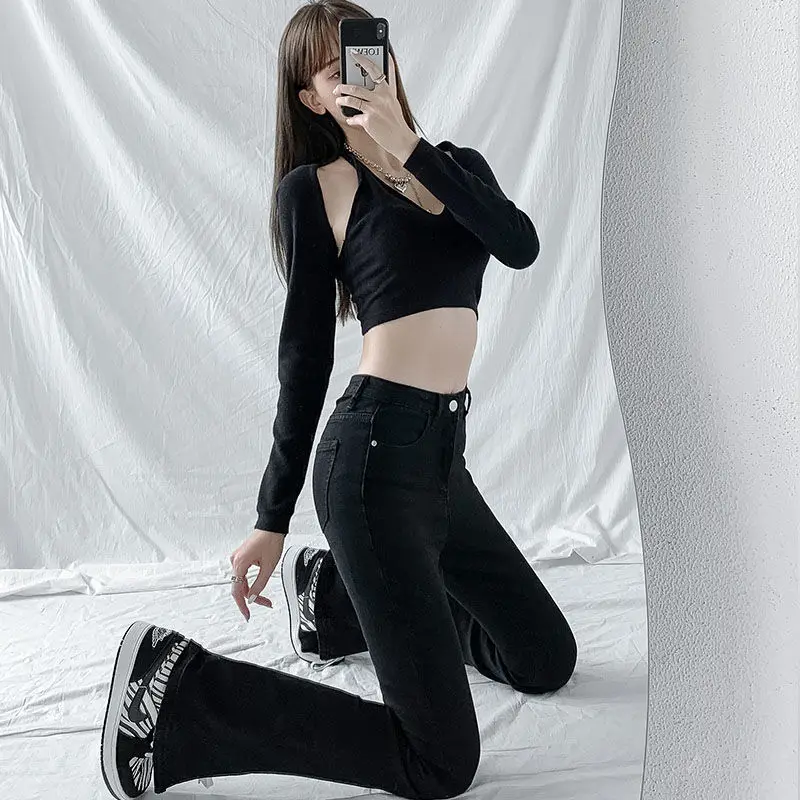 

Black high-waisted slit micro-flare jeans for women, spring collection2022New design with a niche appealchicLong pants