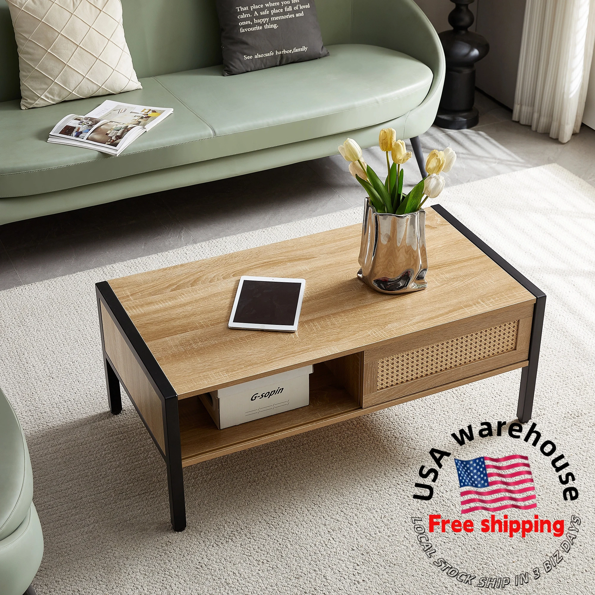 

40.16" Inch Wooden Coffee Table Sliding Door for Storage Metal Legs Modern Table for Living Room Natural Ready to Ship Products