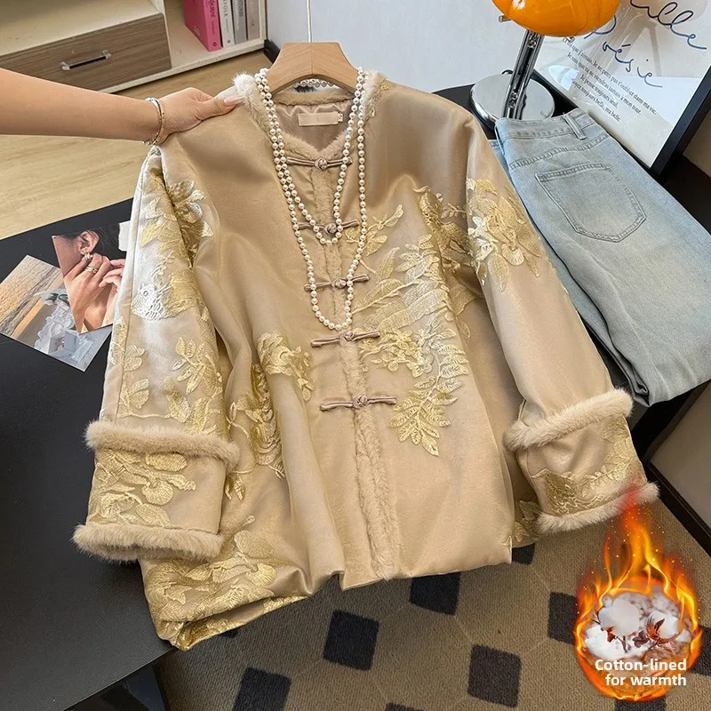 

New Chinese Sle Tang Suit Hanfu Jaet Stand Collar Button Embroidery Cotton Lined Thi Long Sve Outerwear