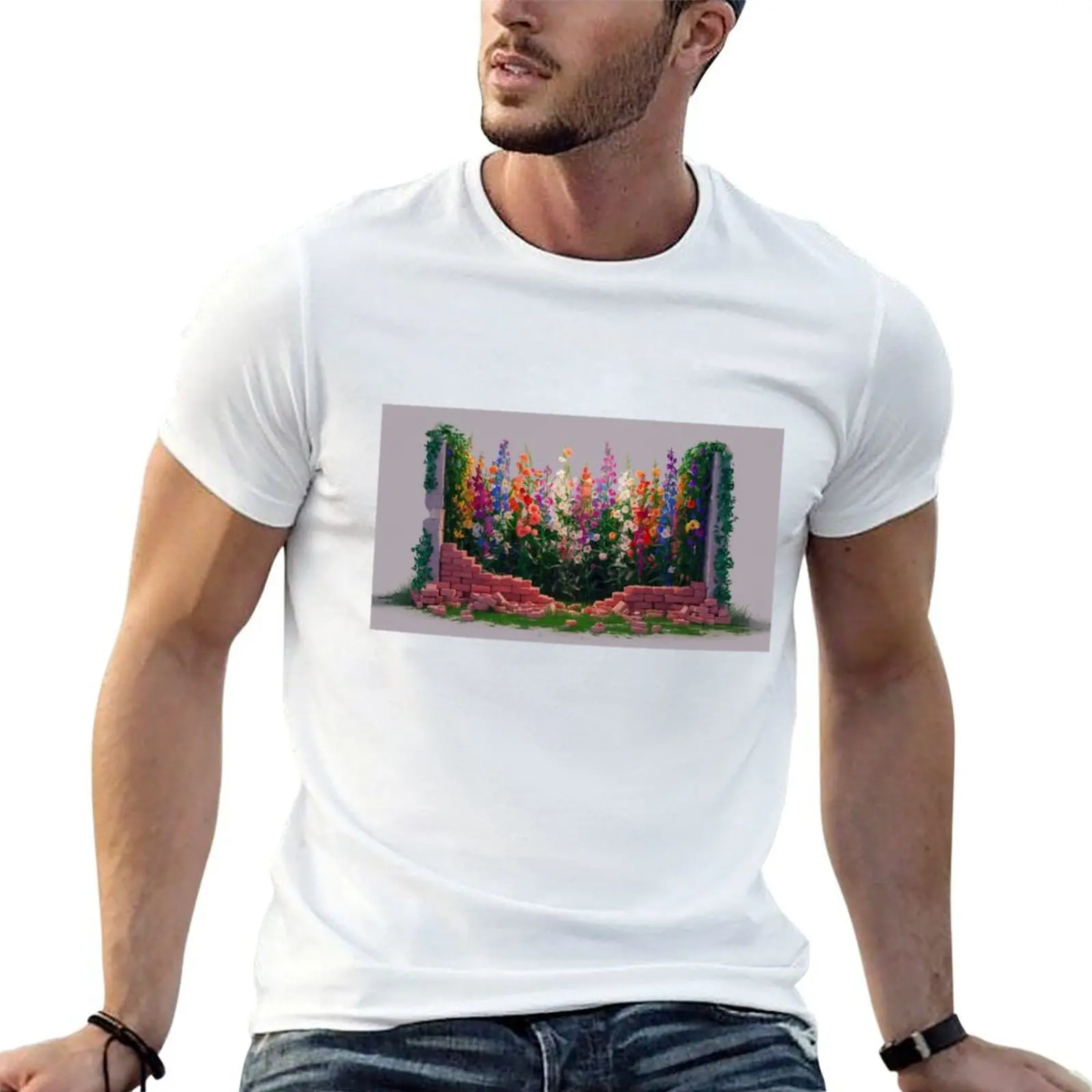 

Flowers growing between the ruined wall T-Shirt t shirts cotton 100% t shirt men 100% cotton luxury brand T-Shirt