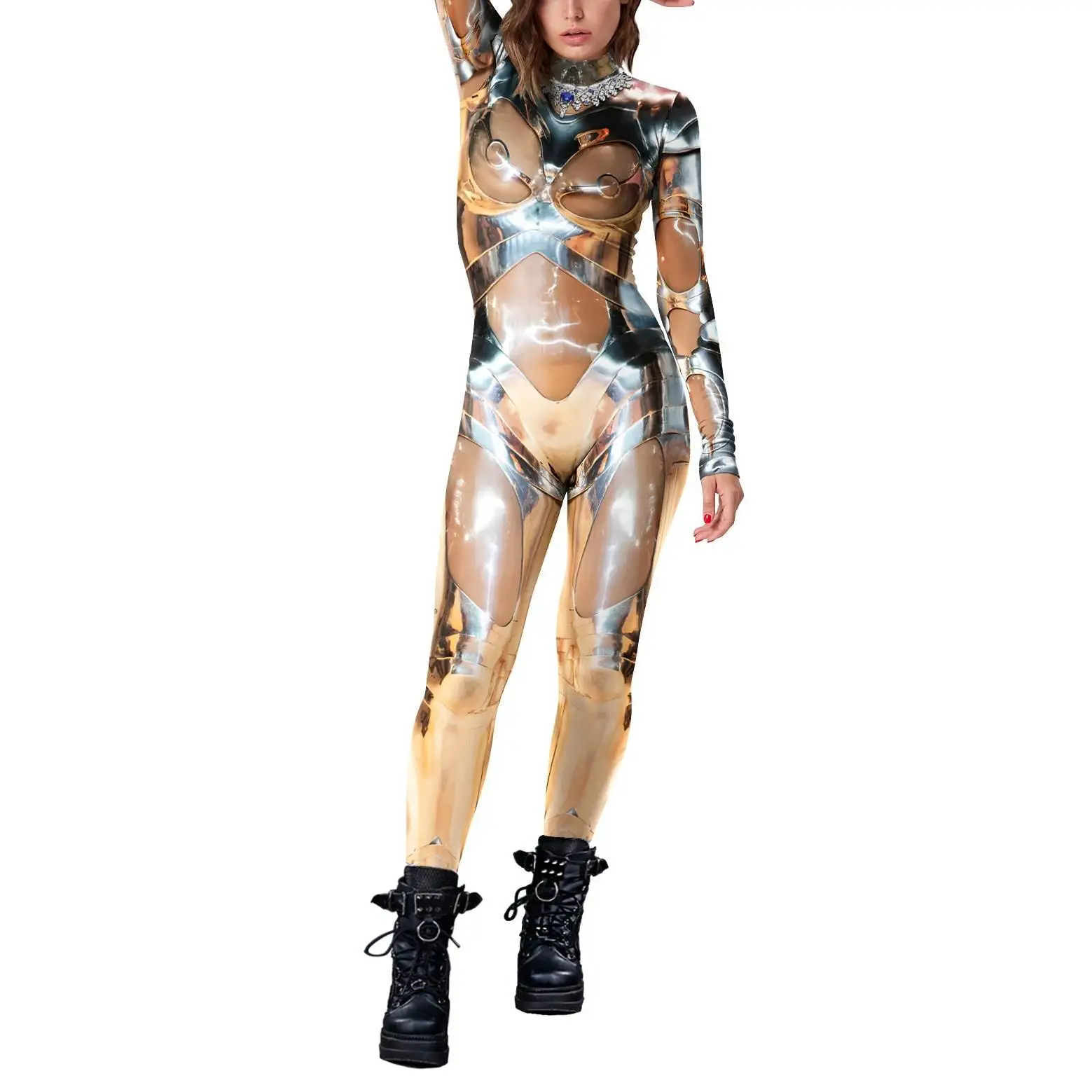 Halloween Mode Punk Roboter Bodysuit Damen Digitaldruck Zentai Sexy Feiertagsparty Jumpsuit Rollenspiel Rave Outfit Catsuit – Detail 6