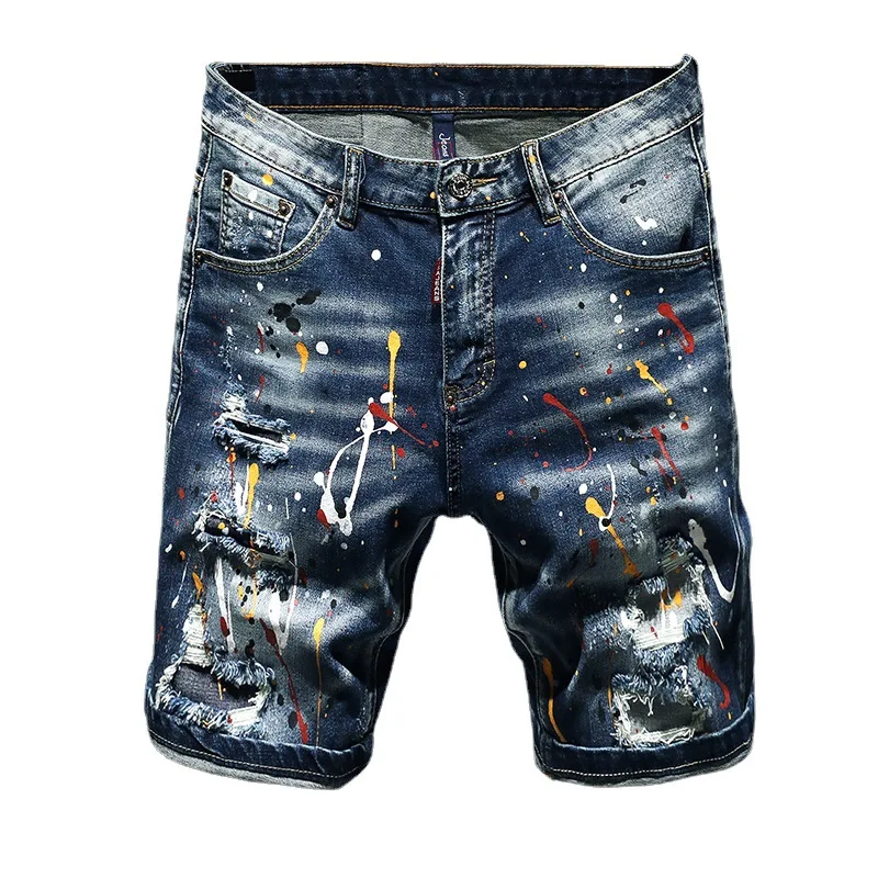 

2025 Summer High Street Trendy Men's Spring Five-Point Shorts Hand-Painted Paint Ripped Patch Denim Shorts Men