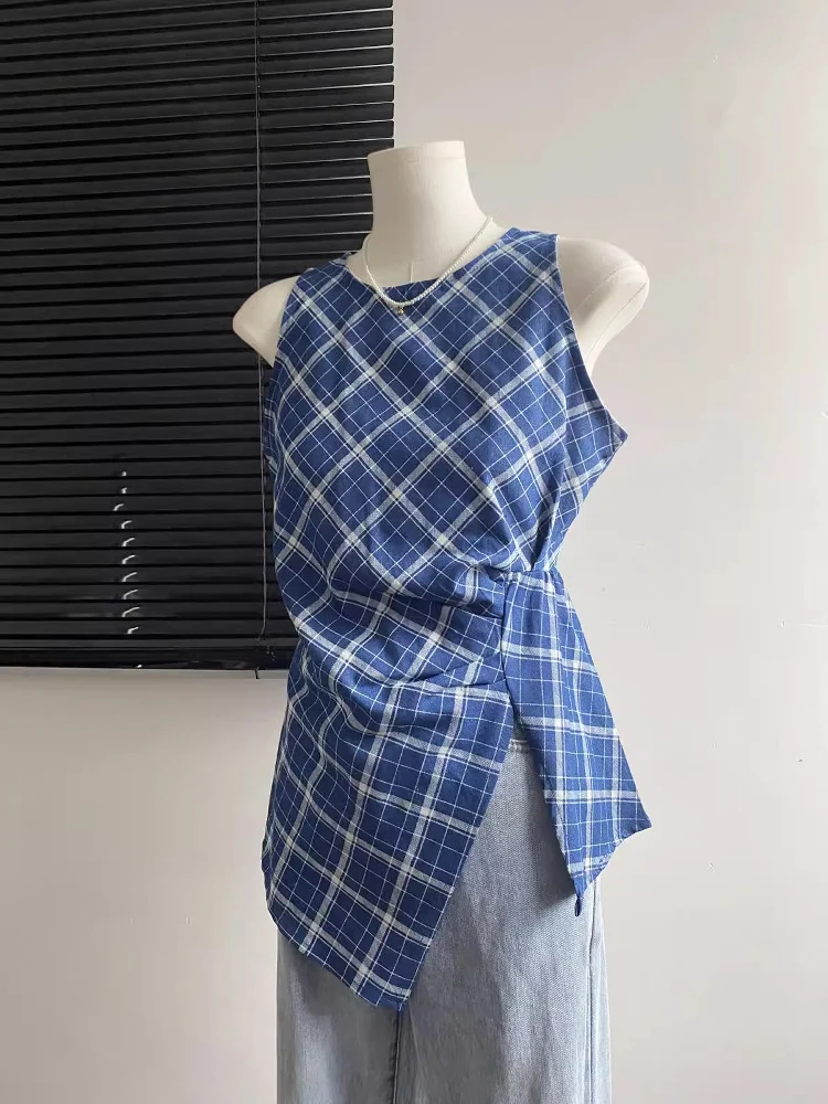 Chaleco Asimétrico con Tirantes a Cuadros Azules para Mujer, Nuevo, Único, Hermoso, Ajustado a la Cintura, Top Elegante