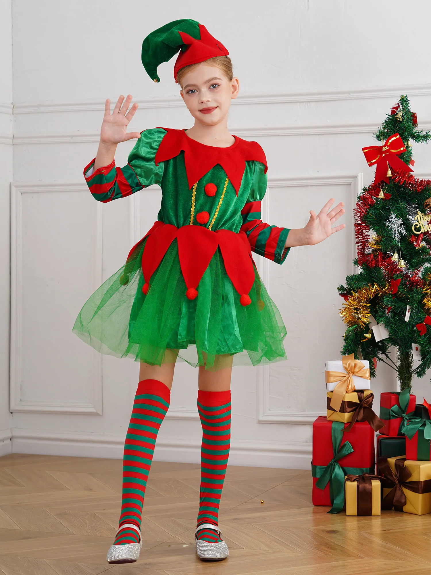 Girls Christmas Elf Cosplay Costume Long Sleeve Dress with Hat Stripe Stockings Xmas Carnival Halloween Party Performance Outfit