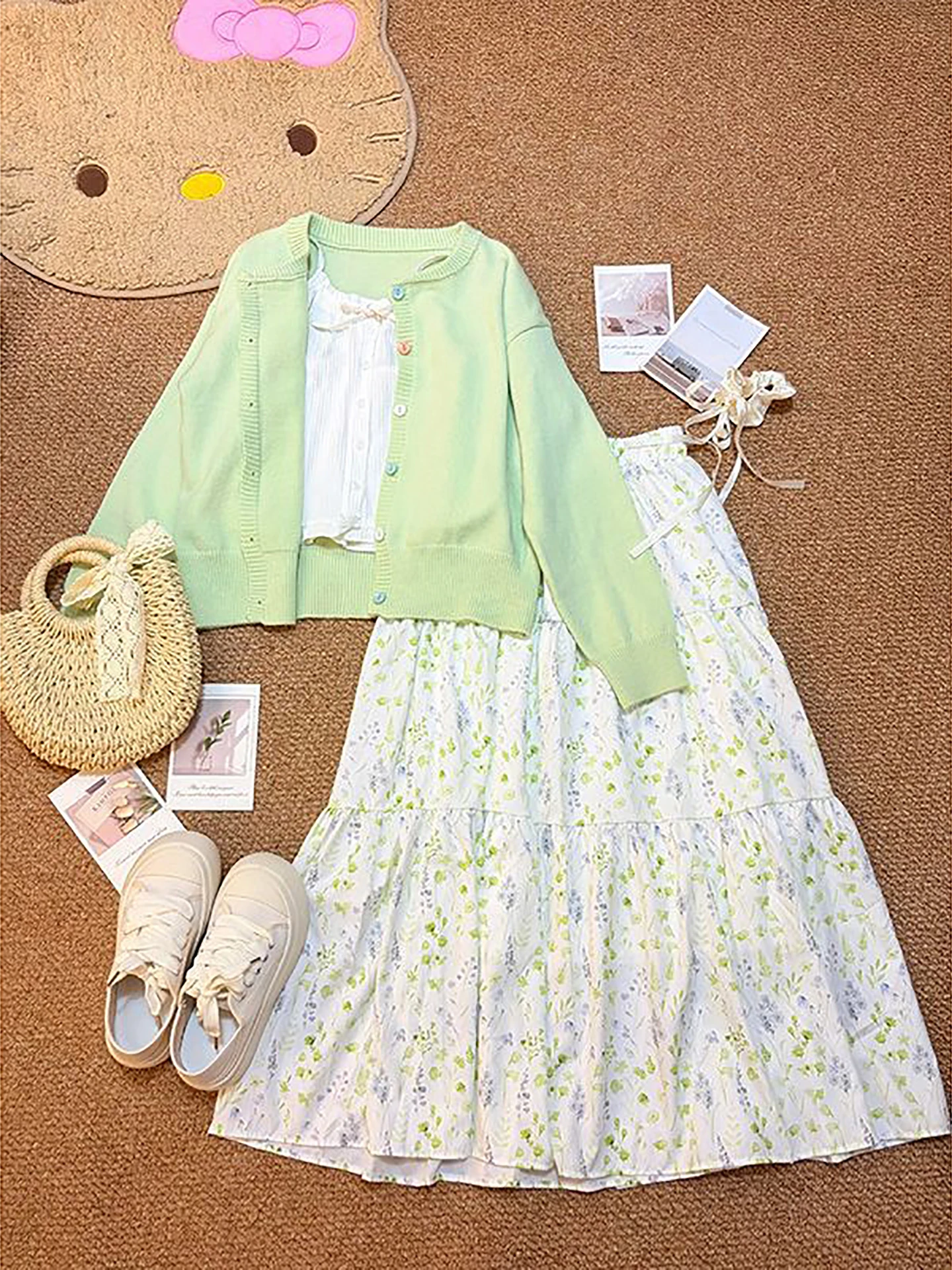 

Spring Style Knitted Cardigan And Halter Top Floral Skirt Set Women's Lightweight Breathable Casual Fashion Student Outfit
