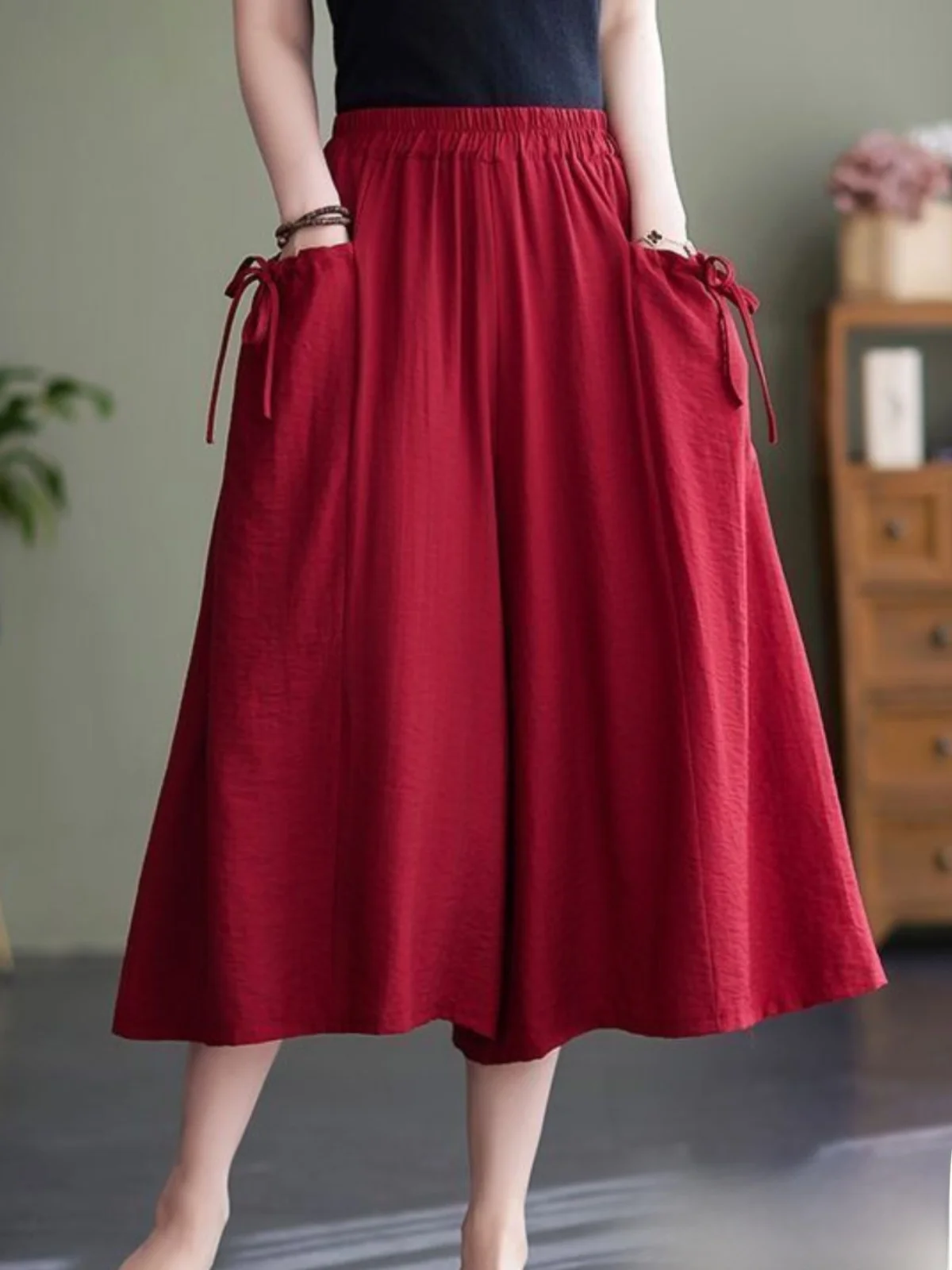 Cotton Linen Wide Leg Pants Women's Loose plus Size  Color Skirt Pants Casual Seven-Foot Pants Trendy