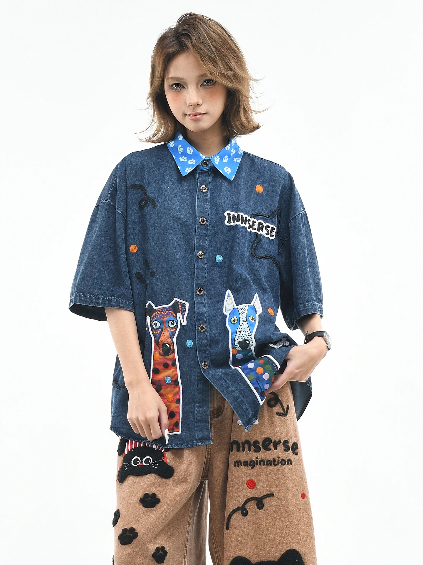 

OV Original Cartoon Dog Embroidery Washed Denim Short Sleeve Women's Summer Loose Color Block Vintage Shirt Couple Shirt