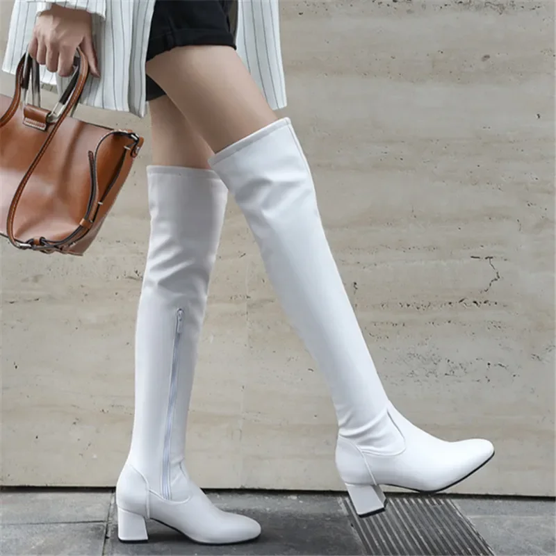 2024 Fashion Knee High Boots Women Winter Boots Square Loe Heel Long Boots Square Toe Zipper Autumn Female Black White