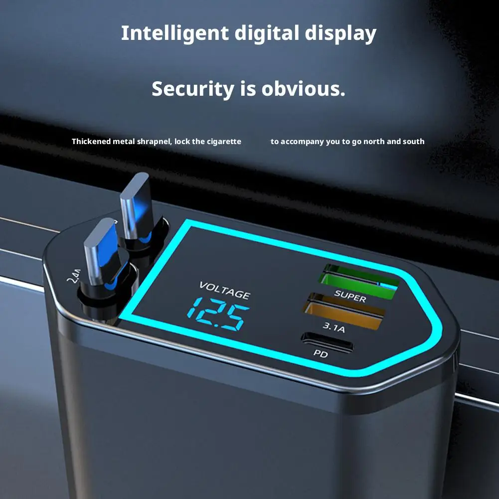 Car Phone Charger Adaptor 120W 5 in 1 Fast Charge USB Type C Fast Charger Cable with Retractable Cords Digital Voltage Display