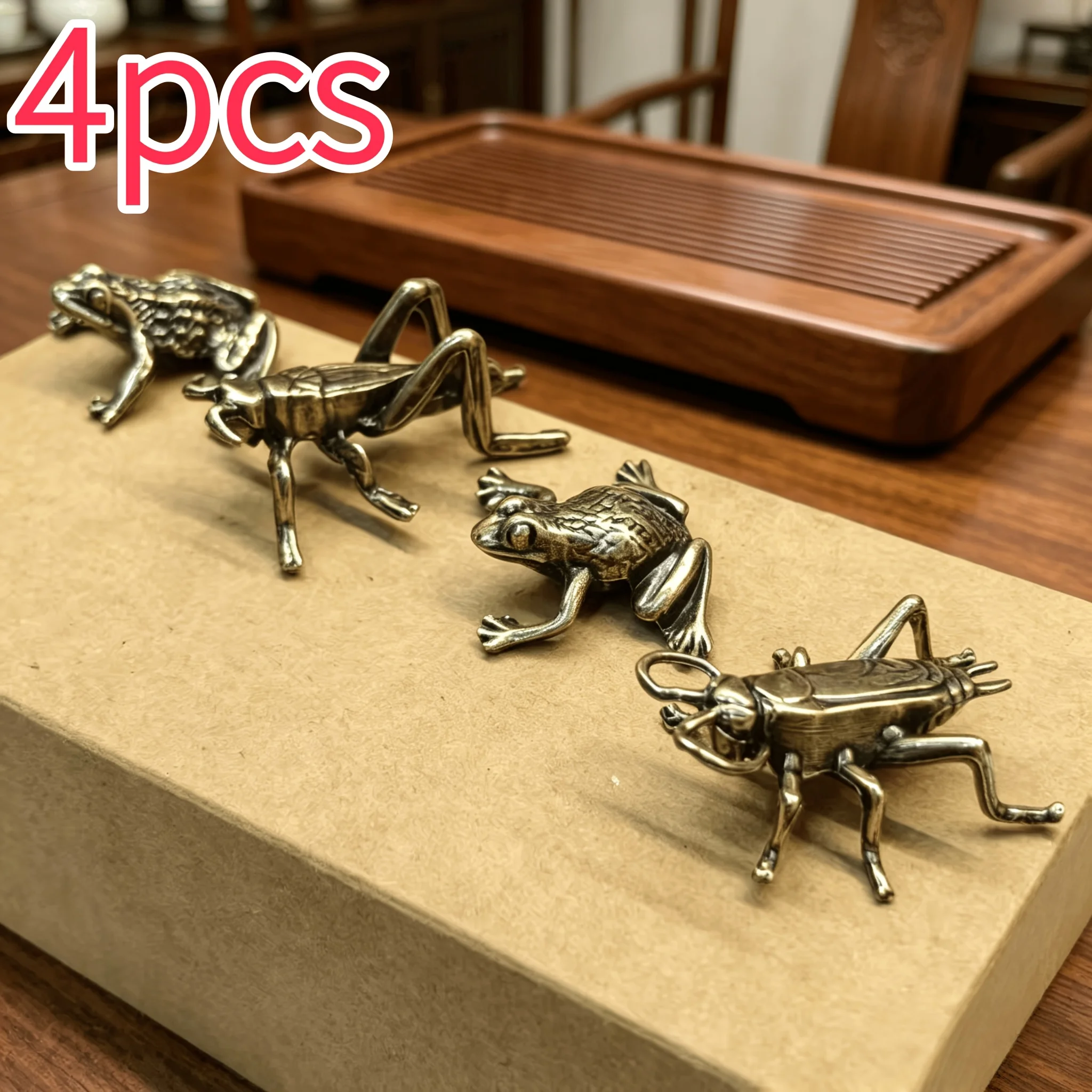 4 pieces of vintage metal handmade ornaments of frogs and crickets, suitable for desks, cars, and fish tank landscaping