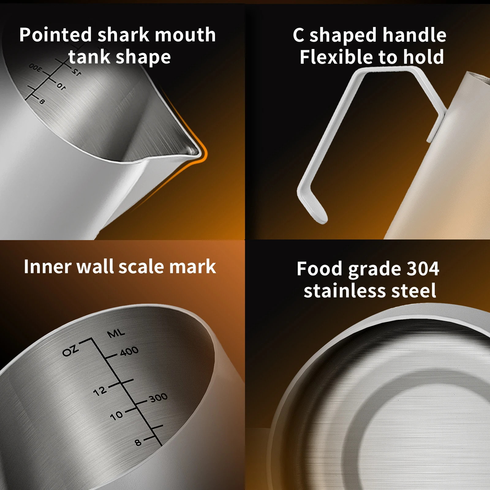 Bincoo Professional Milk Frothing Cup Sharp Spout Design with Inner Volume Scale 400ml or 600ml Capacity Stainless Steel Perfect
