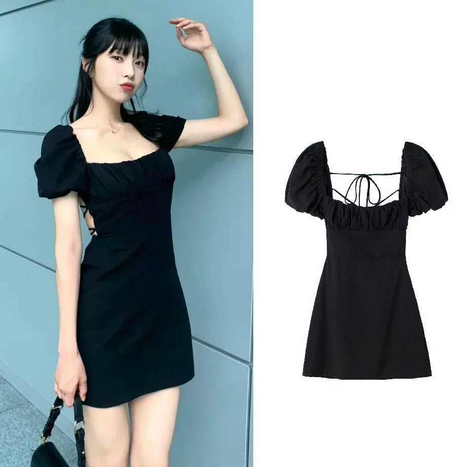 

Kpop Korean Singer Casual Black Square Neck Sexy Backless Dress Women Stage Festival All-match Puff Sleeve Birthday Mini Dresses