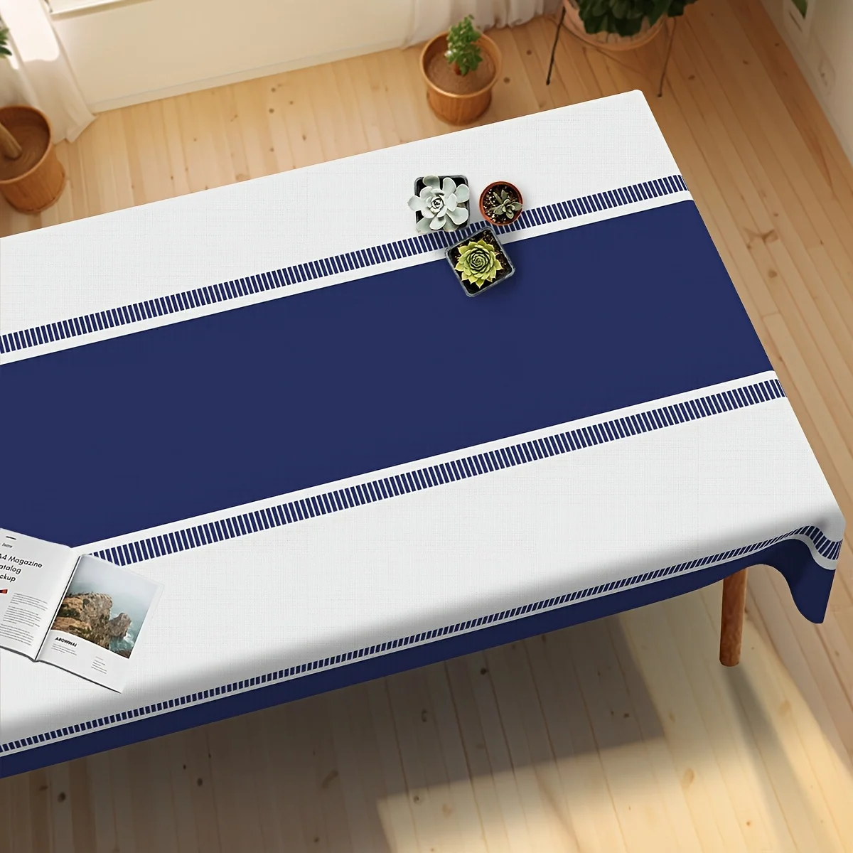 Naval blue farmhouse check tablecloth, high-end decoration, suitable for daily dinner use both indoors and outdoors.PMJ