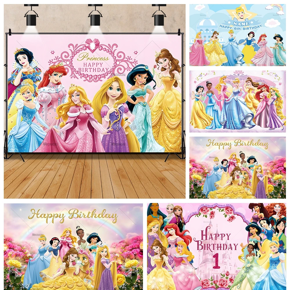 

Disney Princess Mermaid Elsa Long Hair Snow White Girls Birthday Party Banner Backdrop Custom Baby Photo Poster Decor Background