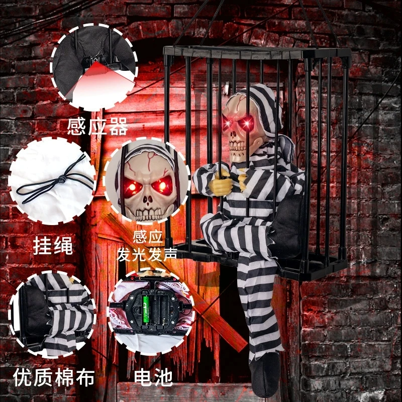 Halloween Scary Skull Decoration Hangable Talking Ghost Prop with Glowing Eye Sound Doll Electric Skeleton Toy in Prisoner Cage - Image 3