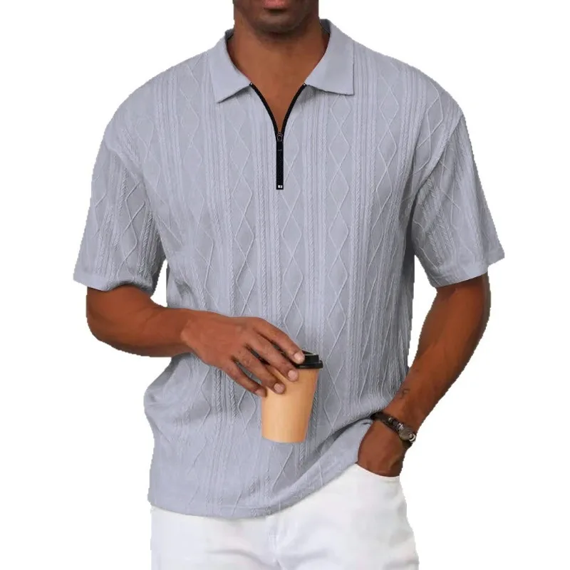 

Модная ретро свободная текстурированная трикотажная рубашка поло, мужская летняя футболка с лацканами в стиле ретро 2025 года, дышащая молния с короткими рукавами