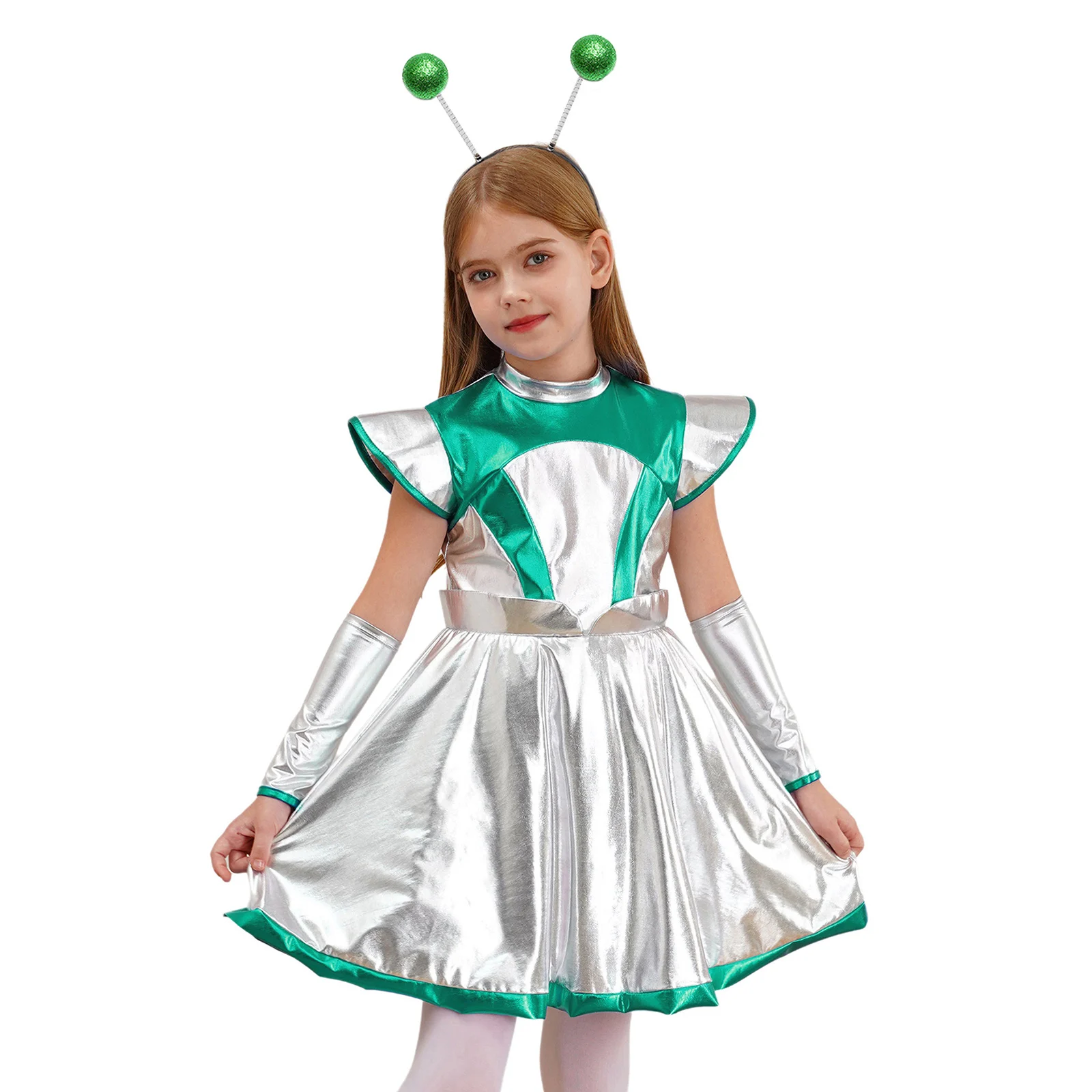 

Kids Girls Metallic Alien Costume Astronaut Robot Cosplay Theme Party Dress Up Outer Space Cutie Dress with Arm Sleeve Hair Hoop
