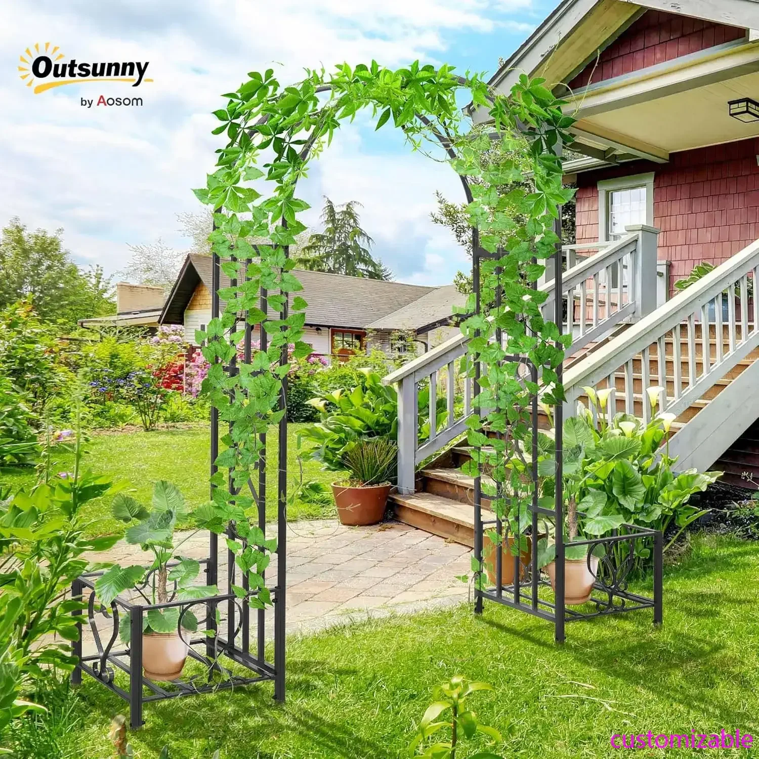 

6.7' Steel Garden Arch Arbor with Scrollwork Hearts, Planter Boxes for Climbing Vines, Ceremony, Weddings, Party, Backyard, Lawn