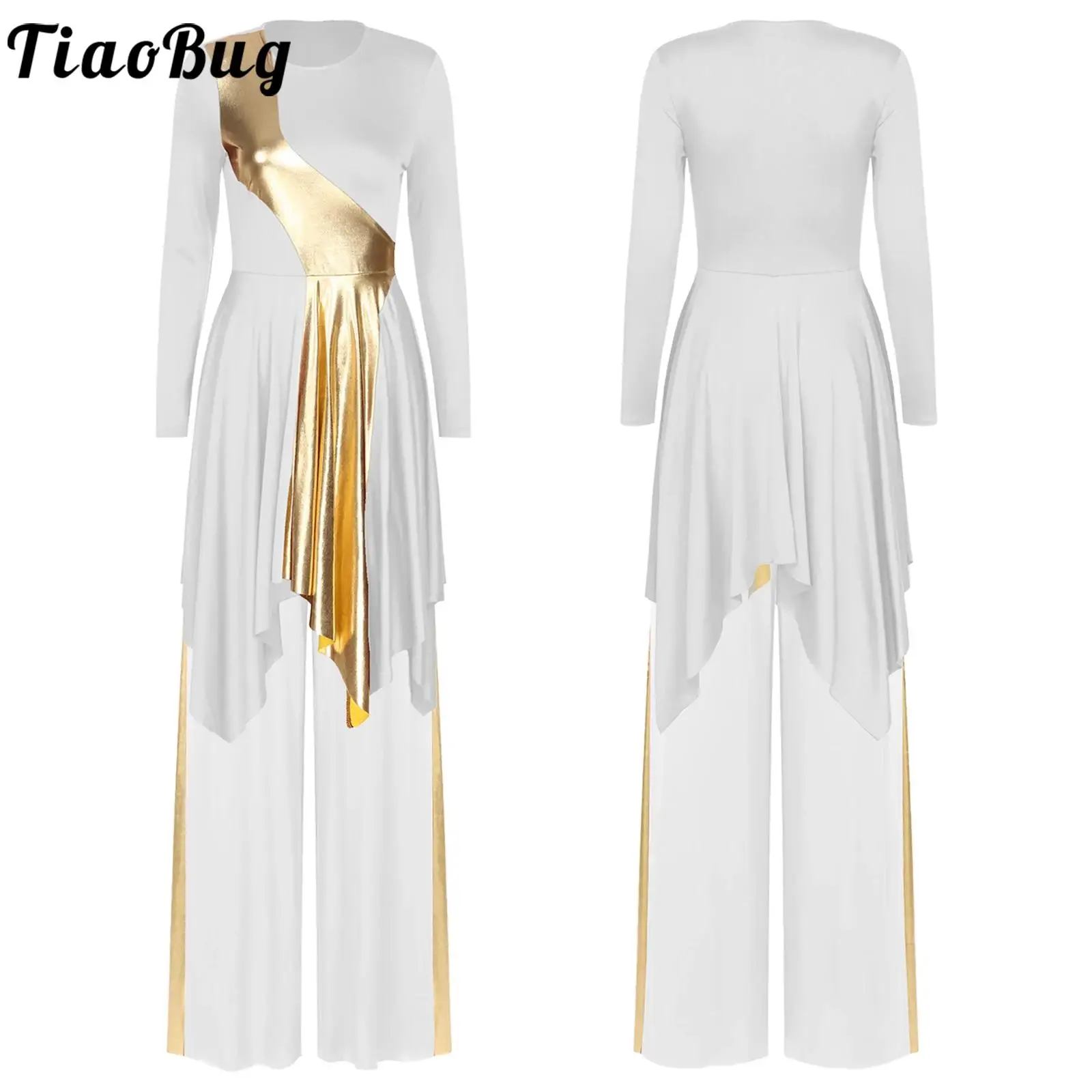 

Women Liturgical Costume Set Praise Lyrical Worship Dance Dresses Long Sleeve Dress And Wide-Leg Pants Choir Performance Costume