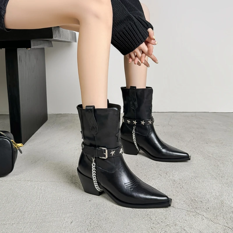 

Women's new leather cowhide pointed metal chain five-star embroidery high heels western short boots Chelsea fashion boots