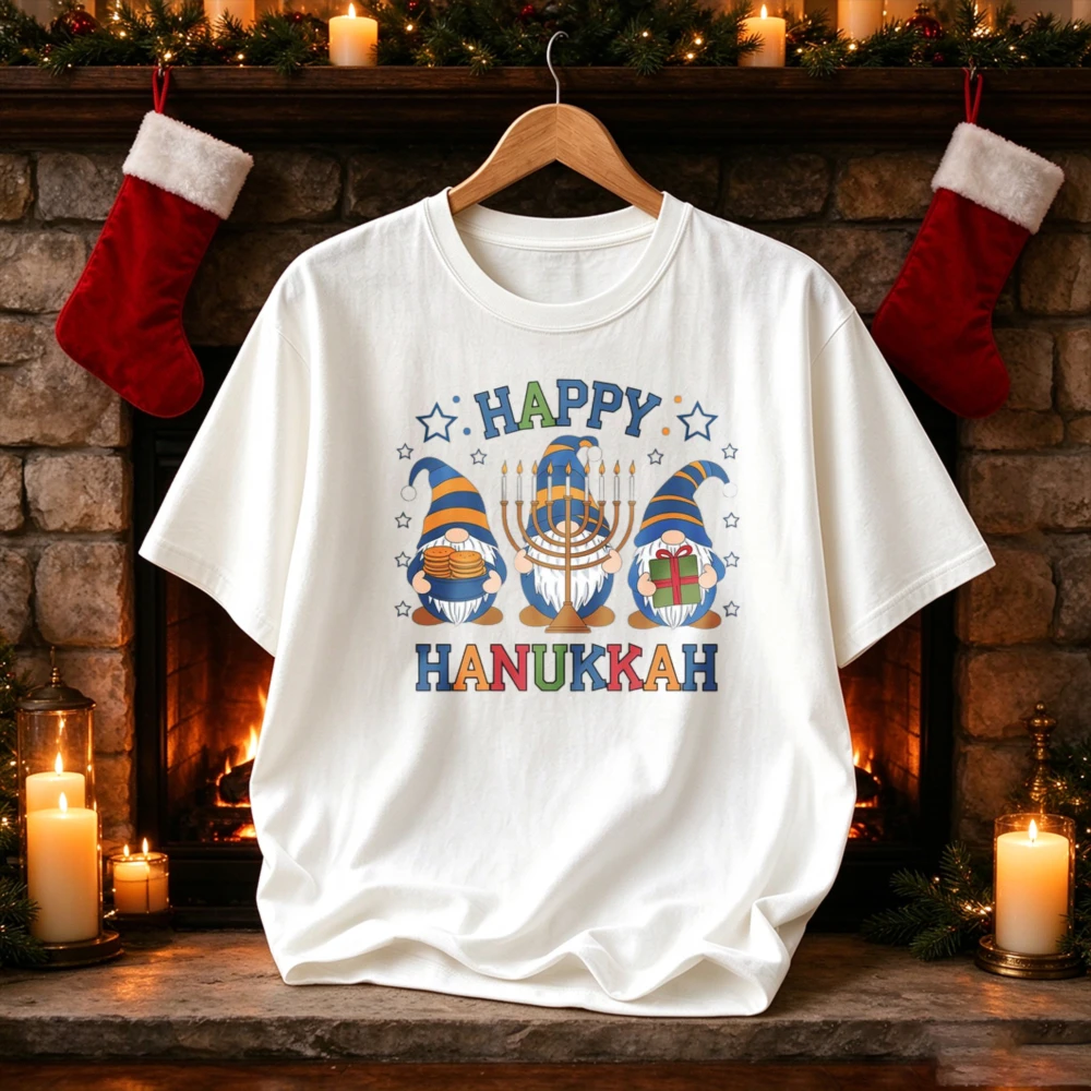 Happy Hanukkah Gnomes Menorah Latke Gift Box Star Graphic Print Casual Cute Jewish Festival of Lights Holiday Streetwear T-Shirt