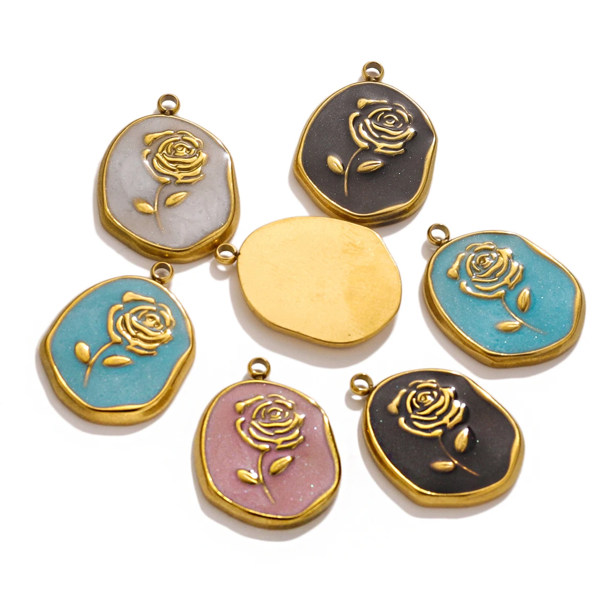 5pcs Stainless Steel Plated 18K Gold Enamel Rose Medal Flowers Charms for DIY Earrings Necklace Jewelry Making Pendant Supplies