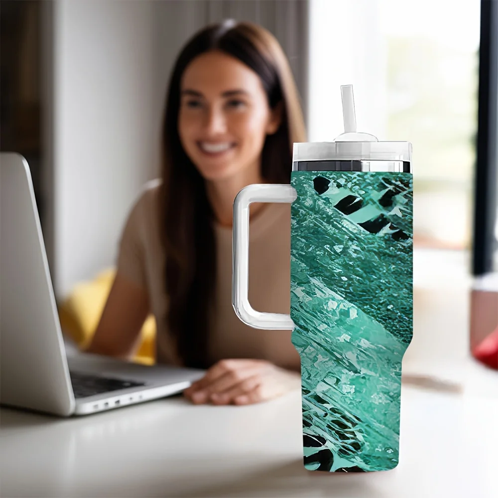 Trendy Green Glitter Mixed Leopard Print Insulated Tumbler with Handle And Straw for Daily Leisure And Outdoor Travel Use