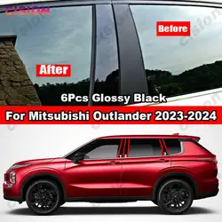 Glossy Black Car Window Door Center Column B Pillar Post Cover Mirror Effect PC Material Trim for Mitsubishi Outlander 2023 2024