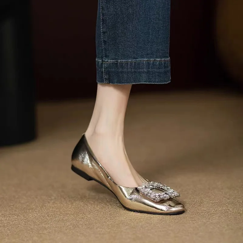 Women Flats Single Shoes Spring Autumn Solid Pu Rhinestone Mary Jane Shoes Casual Ladies Slip on Loafers Sliver Gold Moccassin