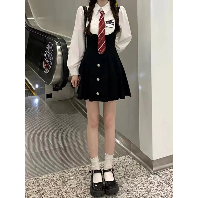 Japanese Preppy Style JK Uniform Fake Two Pieces Sweet Dress Spring Summer Fashion Women Long Sleeve Skinny Kawaii Mini Dresses