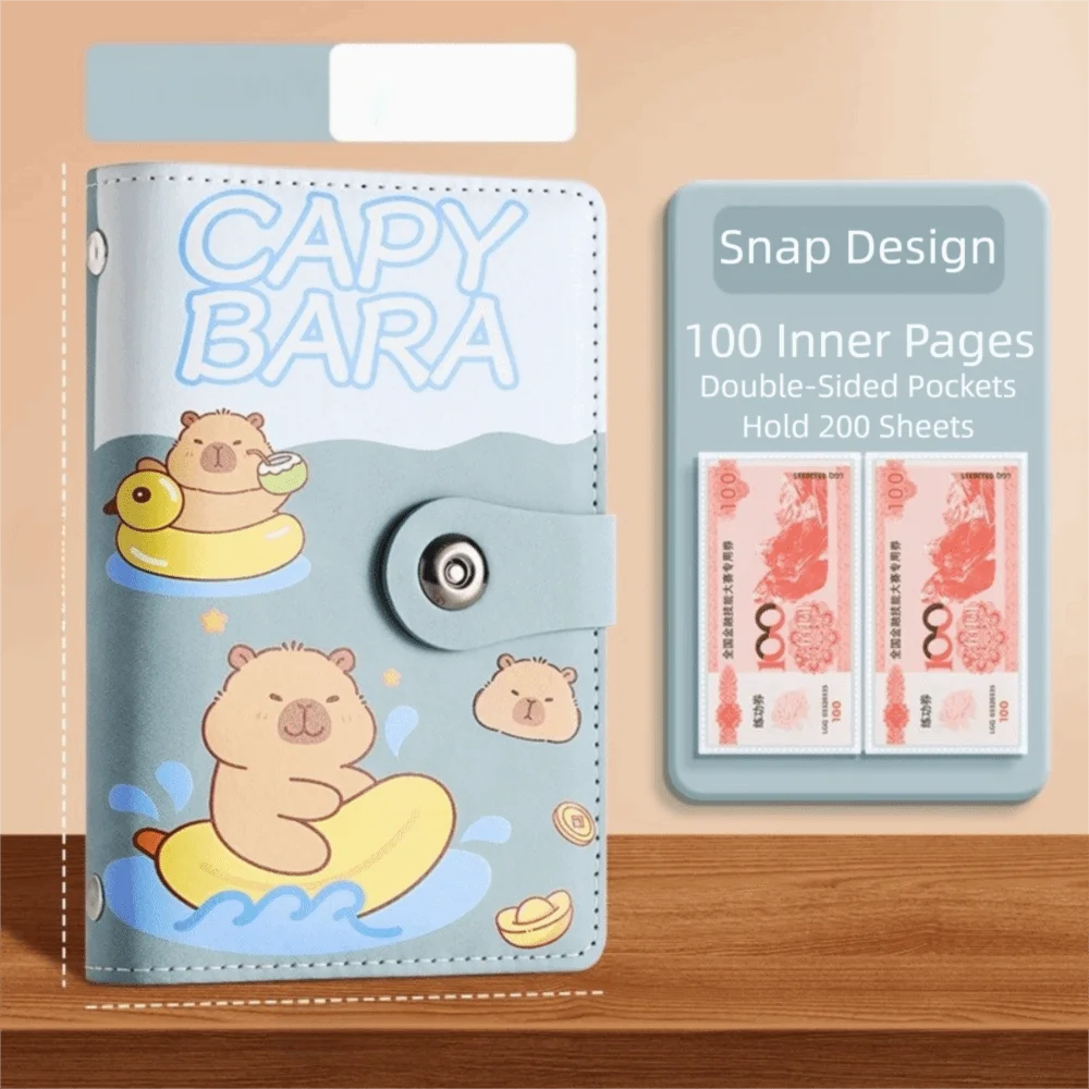 Cartoon Capybara Saving Money Binder PU Leather with Password Lock Budget Binder with Lock 100 Sheets A6 Planner Organizer