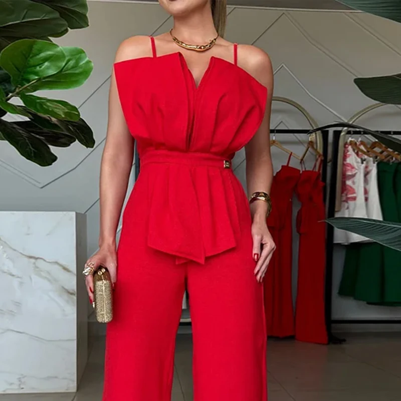 Wefads Women Jumpsuit Summer Fashion Solid Sleeveless Suspender V Neck Irregular Nipped Waist Backless Straight Pants Rompers