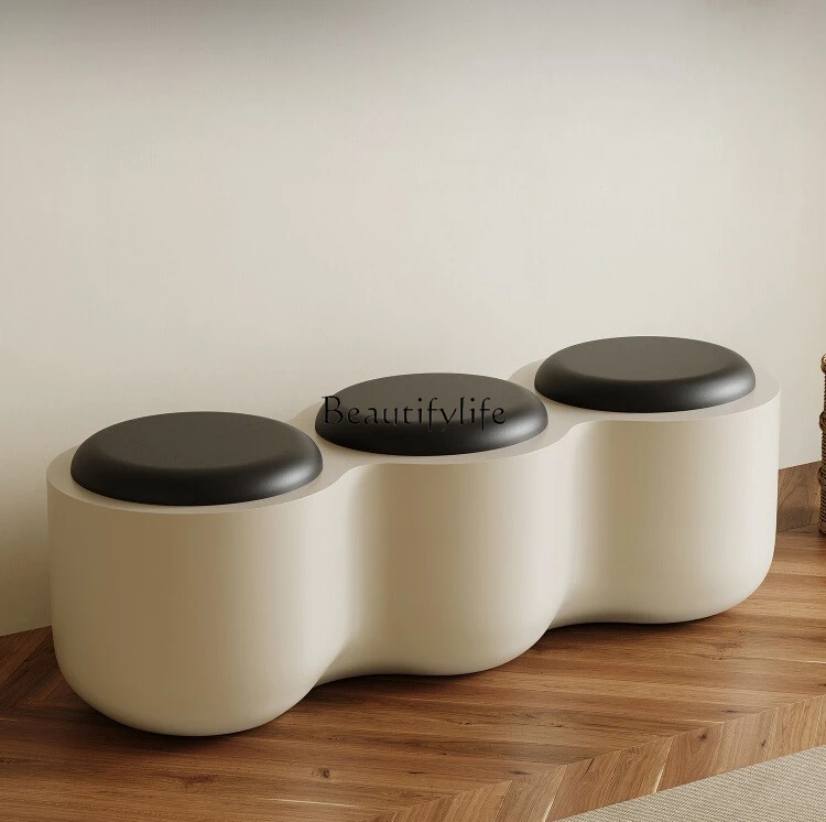 

Italian minimalist creative bedside stool solid wood leather cream wind entrance home shoe changing stool