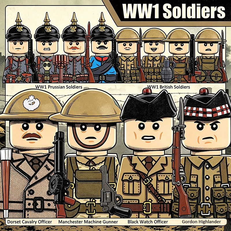 Erster Weltkrieg Militär Britischer Preußischer Soldat Figur Offizier Bausteine Armee Kavallerie Schütze Infanterie Gewehr Helm Rucksack Bausteine Spielzeug