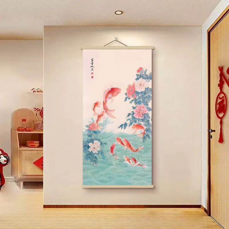 New Chinese traditional flower and koi painting, commonly used for home feng shui decoration in foyer, living room or tea room