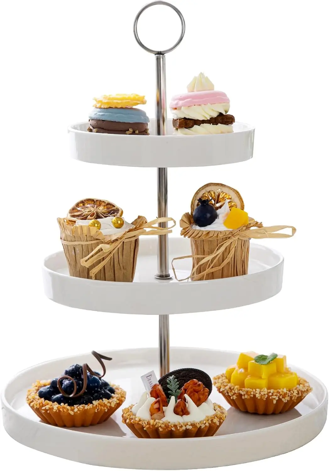 

3-Tier White Porcelain Cupcake Stand with Stainless Steel Rod - Elegant Dessert Serving Tray for Parties & Events