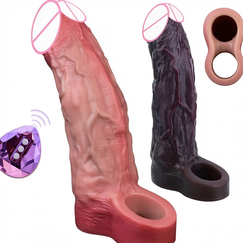 SXXY 柔軟性シリコン製ペニススリーブバイブレーター、男性用ペニス増長器、超リアルな形状で太さを増すスリーブ、中空のディルド、セックストイ。