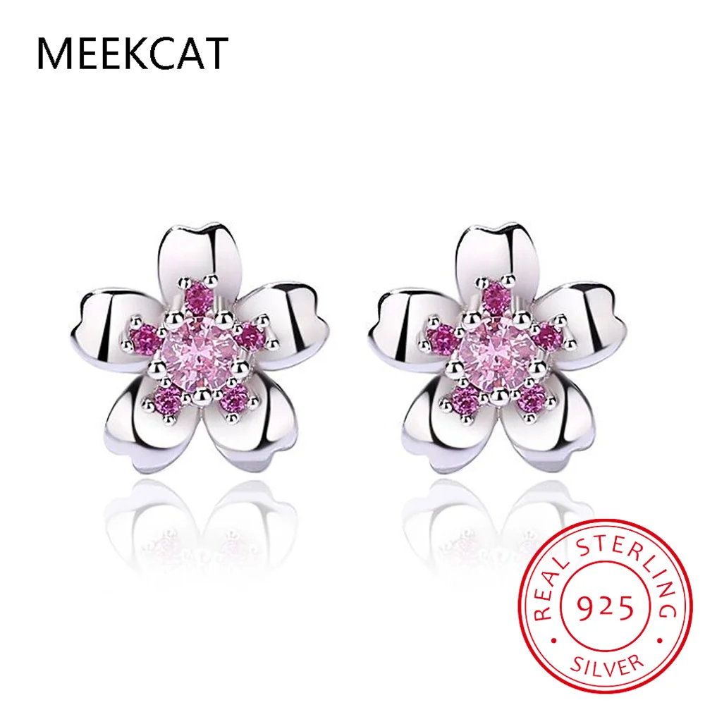 Flower Created Pink Sapphire 925 Sterling Silver Cherry Blossoms Stud Earring for Woman Statement Gemstone Jewelry Party Gift